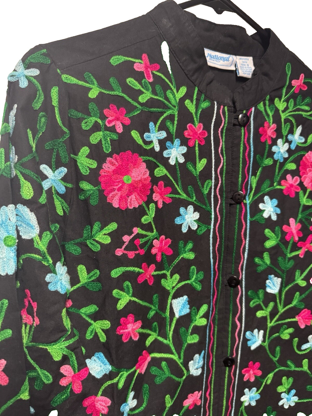 Womens Vintage Sz Small Embroidered Fall Jacket Cottagecore Floral Cotton Black